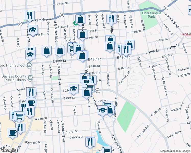 map of restaurants, bars, coffee shops, grocery stores, and more near 2018 Center Street in Owensboro