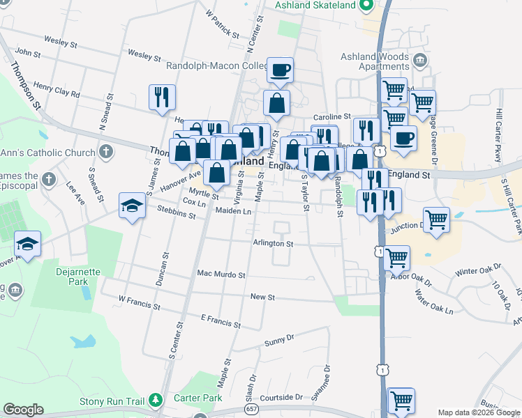 map of restaurants, bars, coffee shops, grocery stores, and more near 500 Maple Street in Ashland