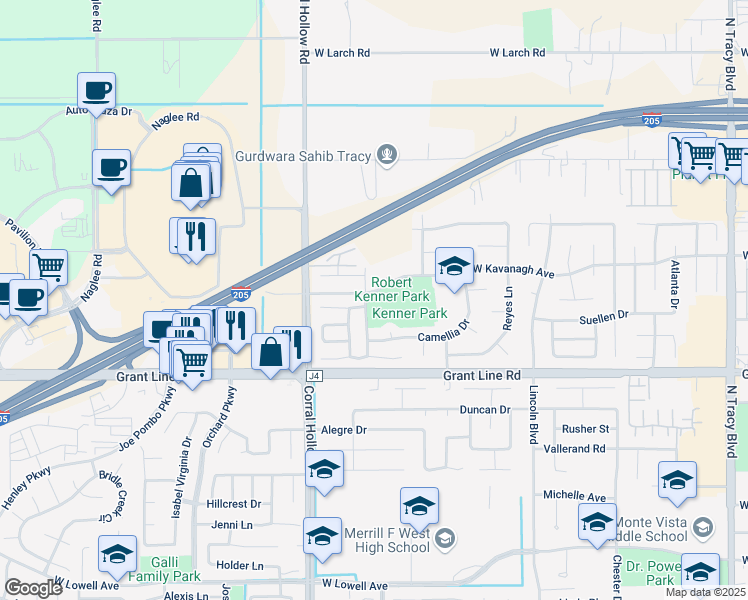 map of restaurants, bars, coffee shops, grocery stores, and more near 1850 West Kavanagh Avenue in Tracy