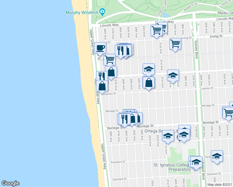 map of restaurants, bars, coffee shops, grocery stores, and more near Lawton St & 47th Ave in San Francisco