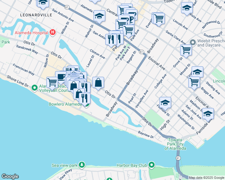 map of restaurants, bars, coffee shops, grocery stores, and more near 1014 Regent Street in Alameda