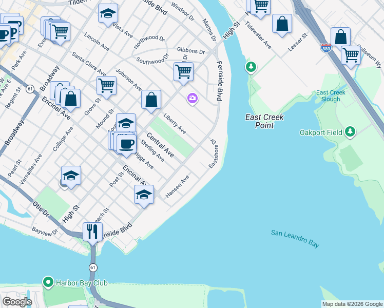 map of restaurants, bars, coffee shops, grocery stores, and more near 1448 Fernside Boulevard in Alameda