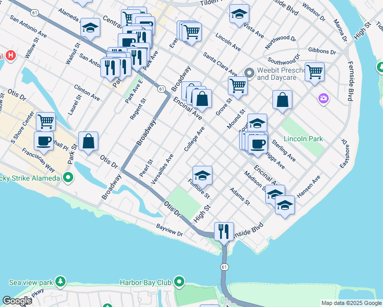 map of restaurants, bars, coffee shops, grocery stores, and more near 1129 Bishop Street in Alameda