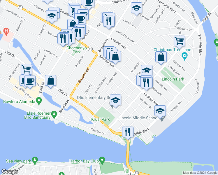 map of restaurants, bars, coffee shops, grocery stores, and more near 1129 Bishop Street in Alameda