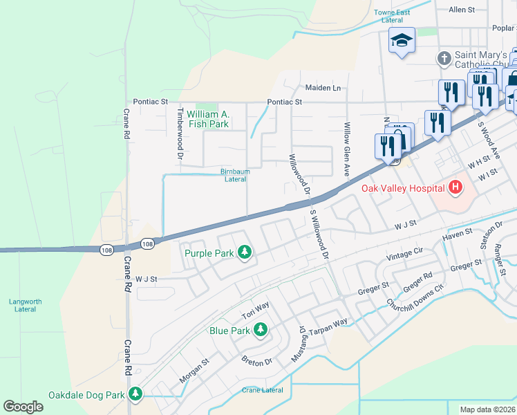 map of restaurants, bars, coffee shops, grocery stores, and more near in Oakdale