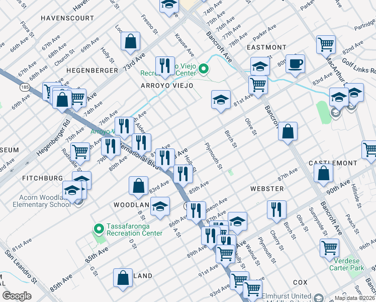 map of restaurants, bars, coffee shops, grocery stores, and more near 1606 82nd Avenue in Oakland