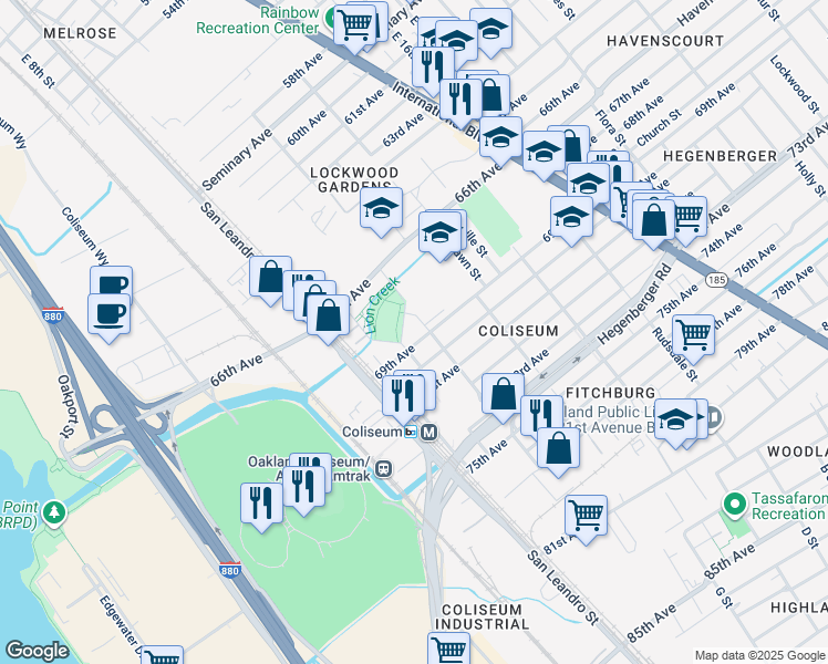 map of restaurants, bars, coffee shops, grocery stores, and more near 881 69th Avenue in Oakland