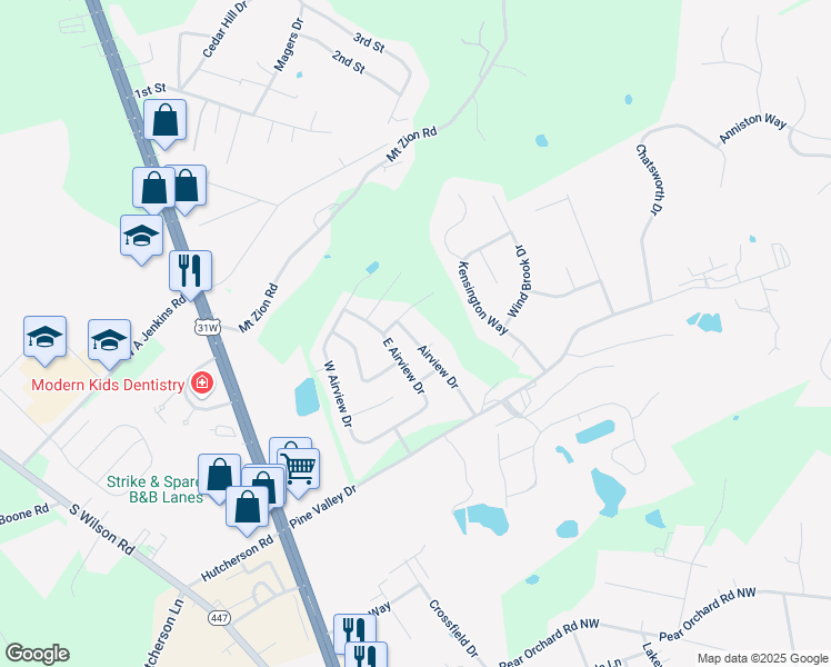 map of restaurants, bars, coffee shops, grocery stores, and more near 152 Airview Drive in Elizabethtown