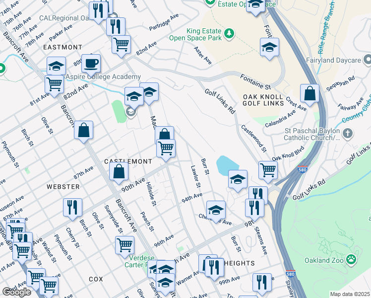 map of restaurants, bars, coffee shops, grocery stores, and more near 8925 Lawlor Street in Oakland