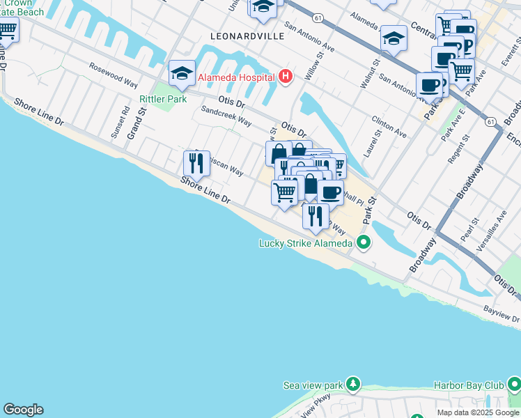 map of restaurants, bars, coffee shops, grocery stores, and more near 2101 Shore Line Drive in Alameda