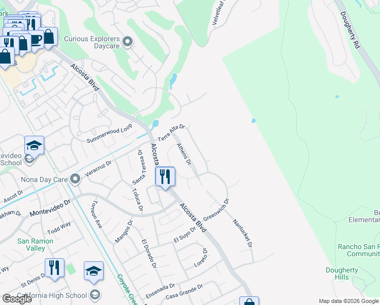 map of restaurants, bars, coffee shops, grocery stores, and more near 131 Camden Court in San Ramon