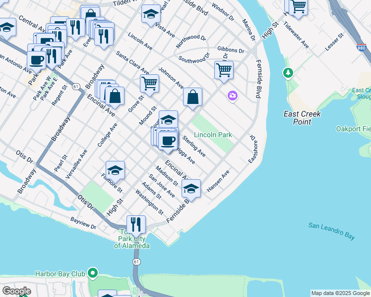 map of restaurants, bars, coffee shops, grocery stores, and more near 3233 Briggs Avenue in Alameda