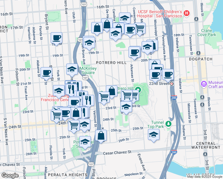 map of restaurants, bars, coffee shops, grocery stores, and more near 1013 Rhode Island Street in San Francisco