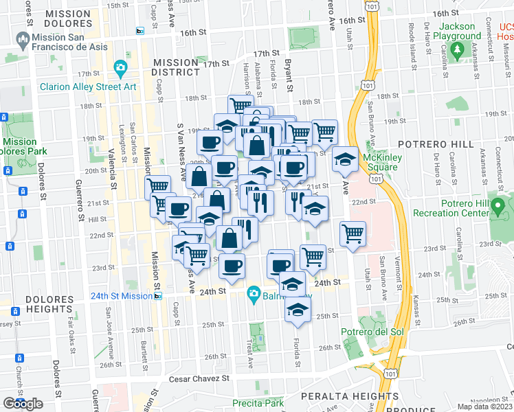 map of restaurants, bars, coffee shops, grocery stores, and more near in San Francisco