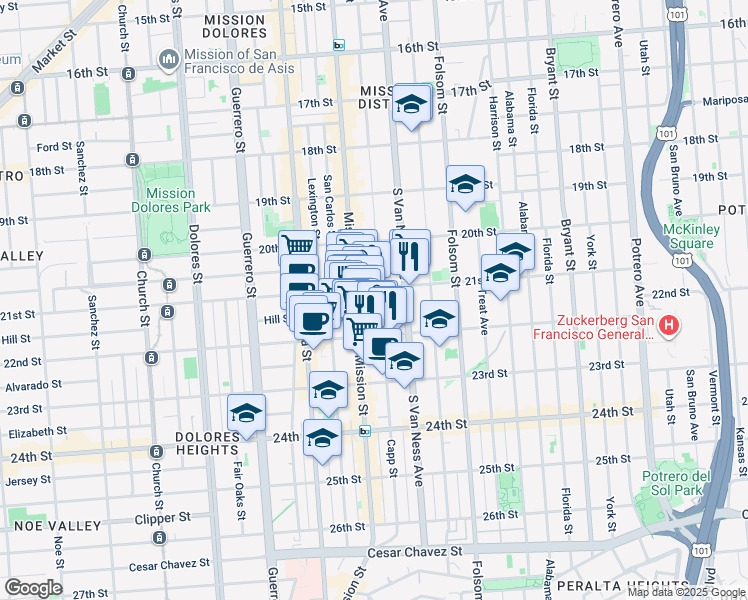 map of restaurants, bars, coffee shops, grocery stores, and more near 628 Capp Street in San Francisco
