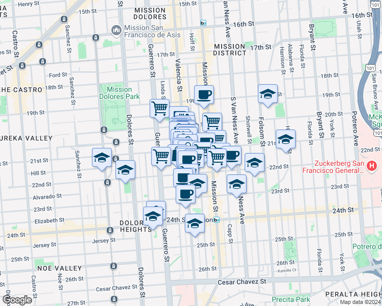 map of restaurants, bars, coffee shops, grocery stores, and more near in San Francisco