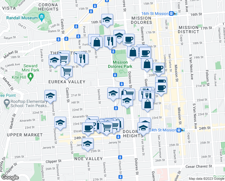 map of restaurants, bars, coffee shops, grocery stores, and more near 3615 21st Street in San Francisco