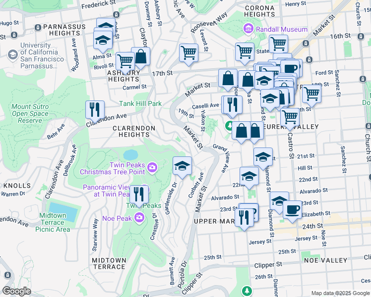 map of restaurants, bars, coffee shops, grocery stores, and more near 642 Corbett Avenue in San Francisco