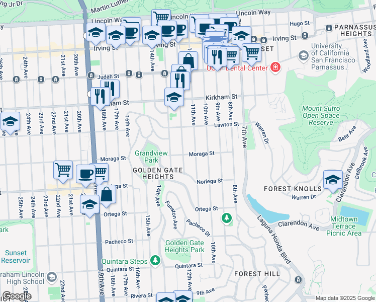 map of restaurants, bars, coffee shops, grocery stores, and more near 549 Moraga Street in San Francisco