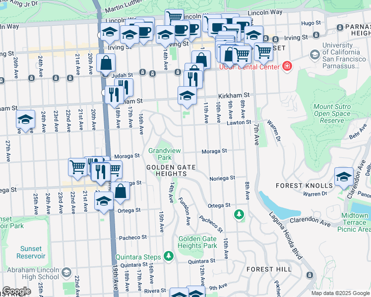 map of restaurants, bars, coffee shops, grocery stores, and more near 720 Moraga Street in San Francisco