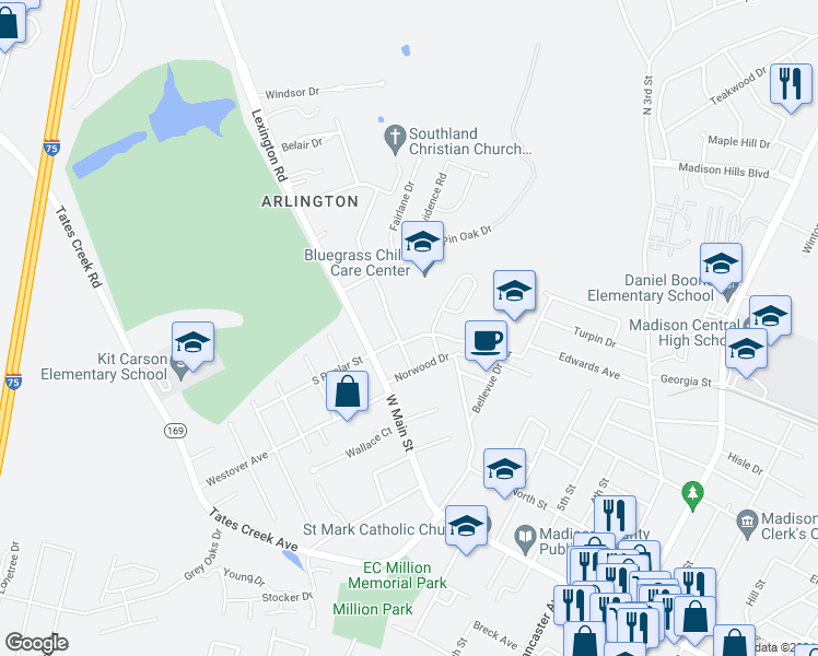map of restaurants, bars, coffee shops, grocery stores, and more near 106 North Poplar Street in Richmond