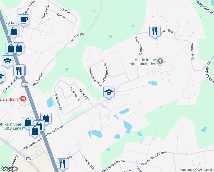 map of restaurants, bars, coffee shops, grocery stores, and more near 2513 Kensington Way in Elizabethtown