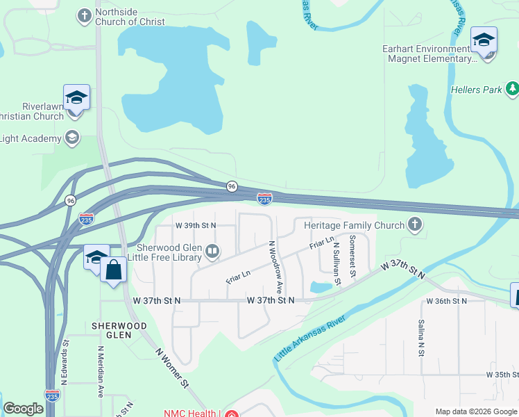 map of restaurants, bars, coffee shops, grocery stores, and more near 1702 W 39th Street North in Wichita