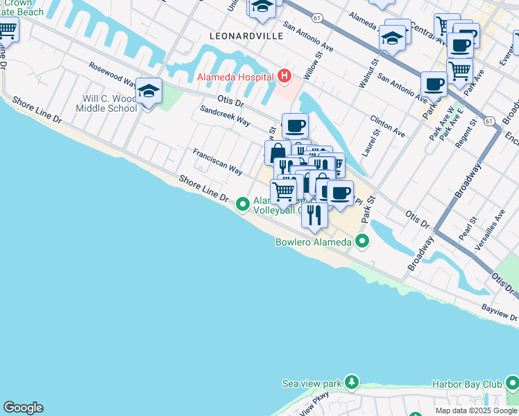 map of restaurants, bars, coffee shops, grocery stores, and more near 2101 Shore Line Drive in Alameda