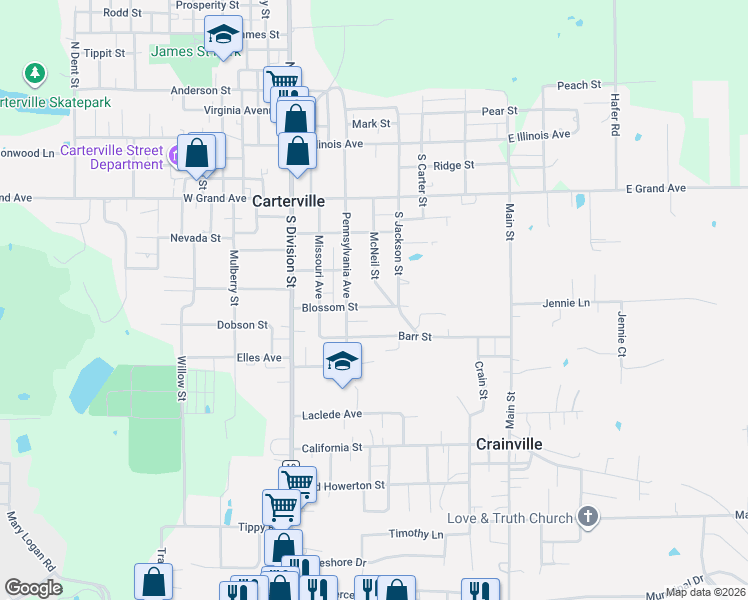 map of restaurants, bars, coffee shops, grocery stores, and more near 300-316 Blossom St in Carterville