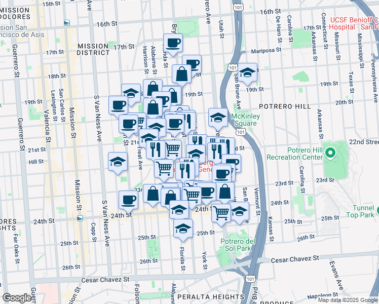 map of restaurants, bars, coffee shops, grocery stores, and more near 2355 Bryant Street in San Francisco