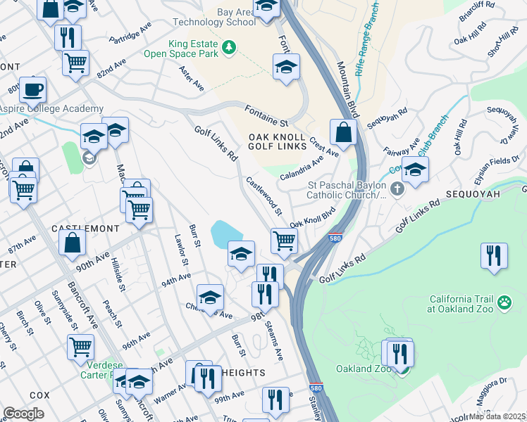 map of restaurants, bars, coffee shops, grocery stores, and more near 9214 Golf Links Road in Oakland