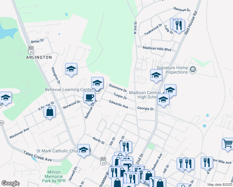 map of restaurants, bars, coffee shops, grocery stores, and more near 5 Turpin Drive in Richmond