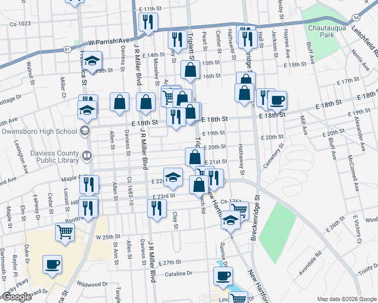 map of restaurants, bars, coffee shops, grocery stores, and more near 516 East 20th Street in Owensboro