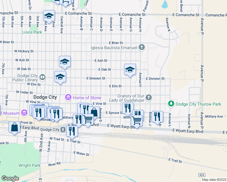 map of restaurants, bars, coffee shops, grocery stores, and more near 900-904 Avenue East in Dodge City