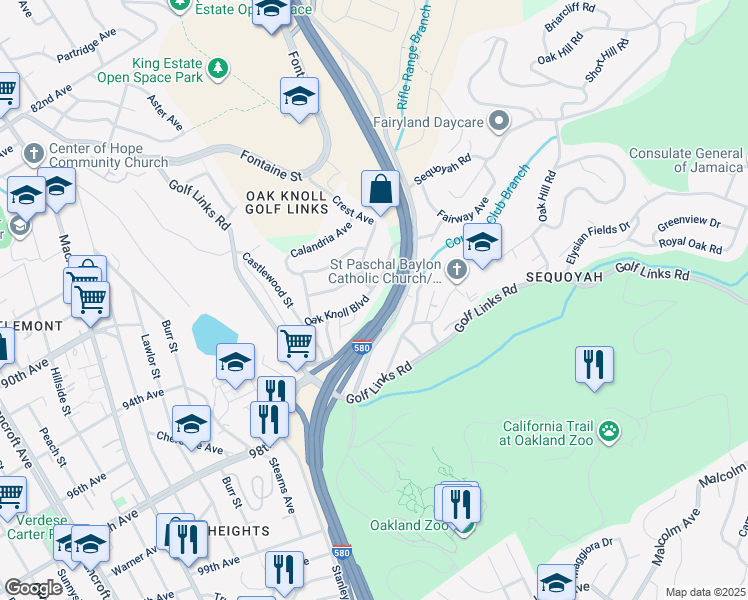 map of restaurants, bars, coffee shops, grocery stores, and more near 3536 Oak Knoll Boulevard in Oakland