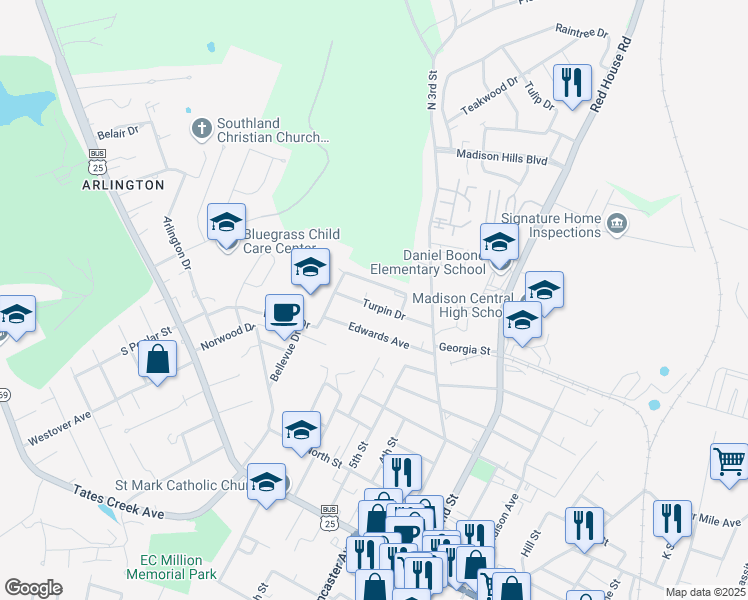 map of restaurants, bars, coffee shops, grocery stores, and more near 407 Turpin Drive in Richmond