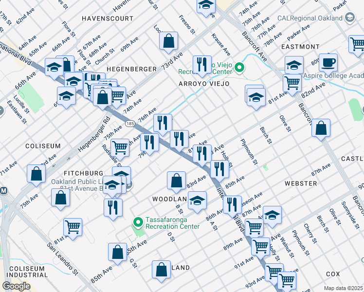 map of restaurants, bars, coffee shops, grocery stores, and more near in Oakland