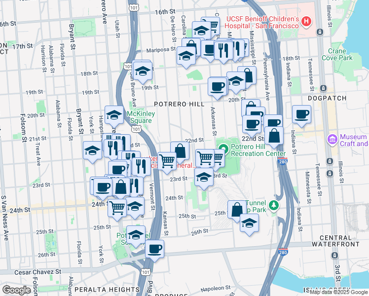 map of restaurants, bars, coffee shops, grocery stores, and more near 1027 De Haro Street in San Francisco