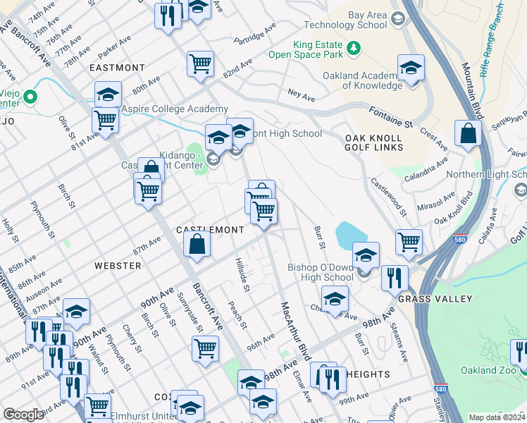 map of restaurants, bars, coffee shops, grocery stores, and more near 8860 MacArthur Boulevard in Oakland