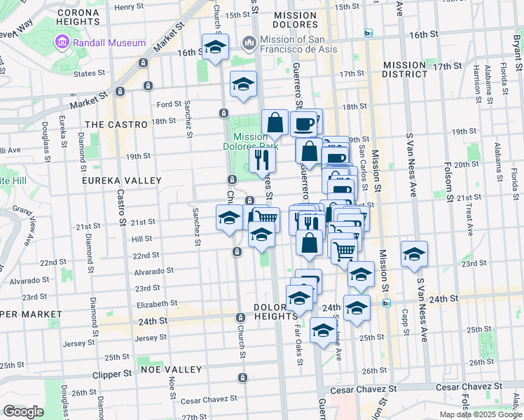 map of restaurants, bars, coffee shops, grocery stores, and more near 811 Dolores Street in San Francisco