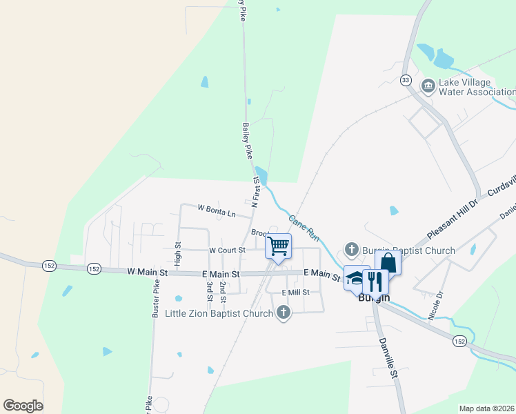 map of restaurants, bars, coffee shops, grocery stores, and more near 409 North First Street in Harrodsburg