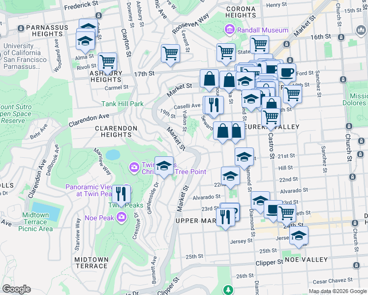 map of restaurants, bars, coffee shops, grocery stores, and more near Market St & Stanton St in San Francisco