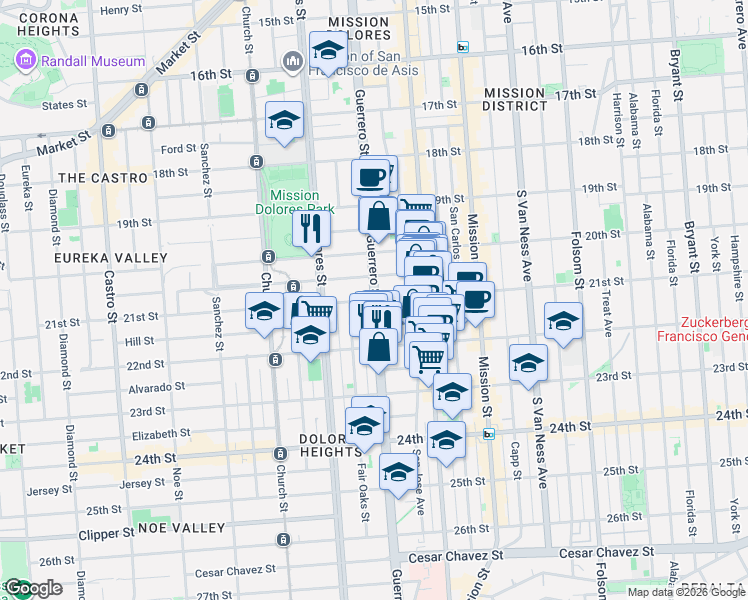 map of restaurants, bars, coffee shops, grocery stores, and more near Guerrero St & 21st St in San Francisco