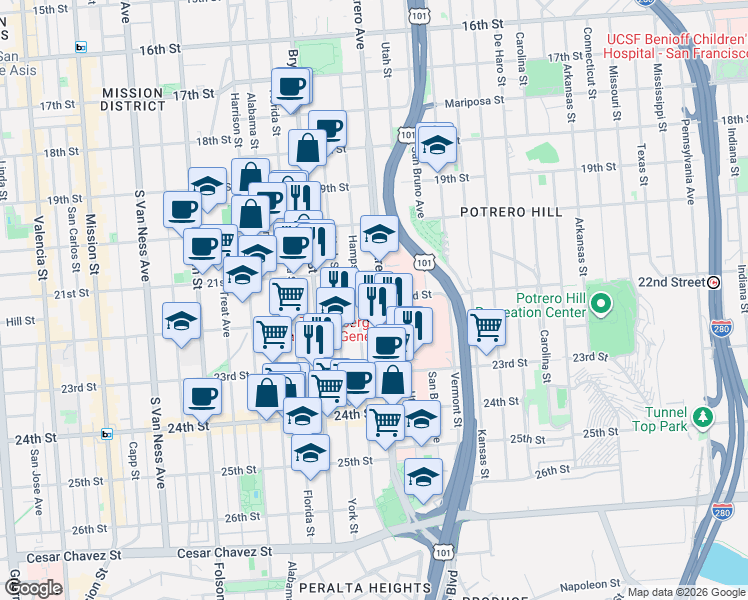 map of restaurants, bars, coffee shops, grocery stores, and more near 979 Hampshire Street in San Francisco