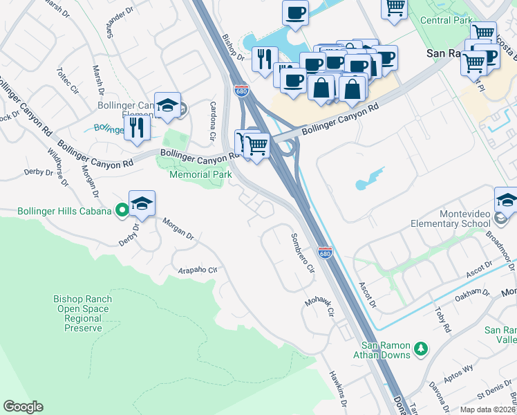map of restaurants, bars, coffee shops, grocery stores, and more near Harness Circle in San Ramon