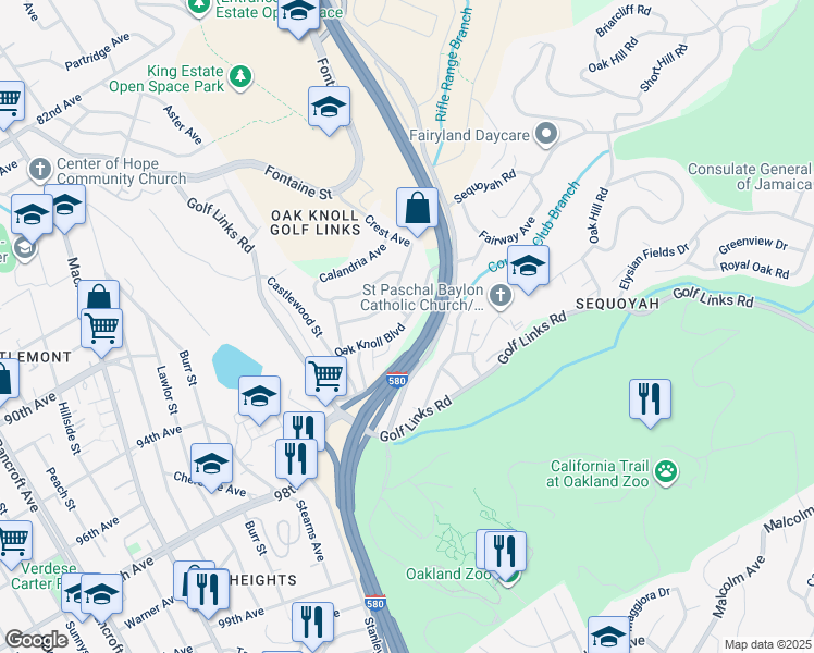 map of restaurants, bars, coffee shops, grocery stores, and more near 3536 Oak Knoll Boulevard in Oakland
