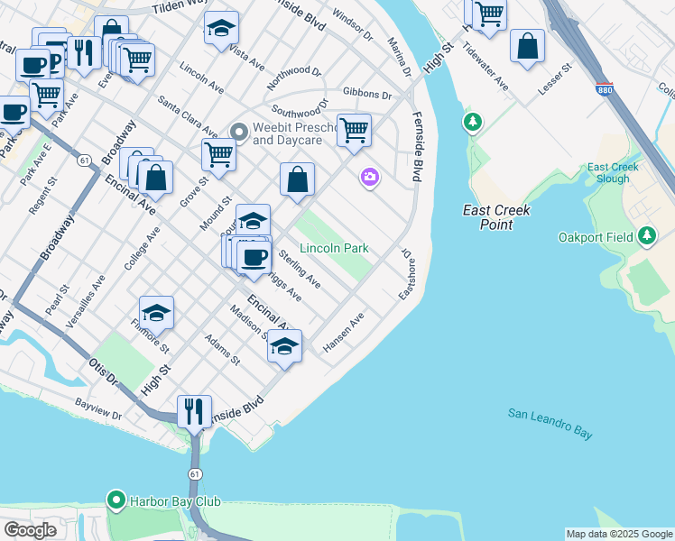 map of restaurants, bars, coffee shops, grocery stores, and more near 3283 Central Avenue in Alameda