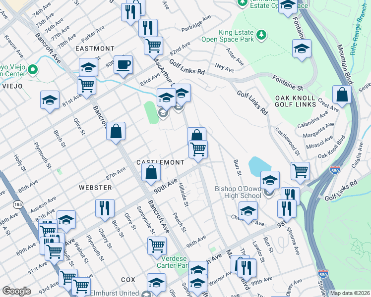 map of restaurants, bars, coffee shops, grocery stores, and more near 2416 88th Avenue in Oakland