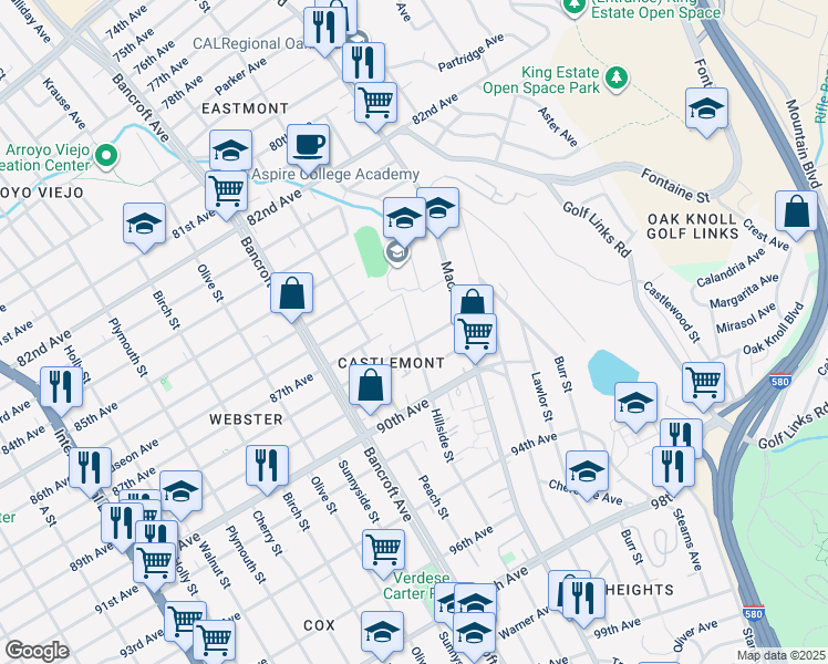 map of restaurants, bars, coffee shops, grocery stores, and more near 2355 88th Avenue in Oakland