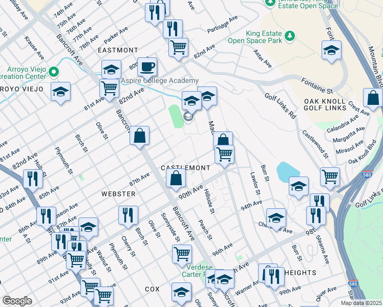 map of restaurants, bars, coffee shops, grocery stores, and more near 2355 88th Avenue in Oakland